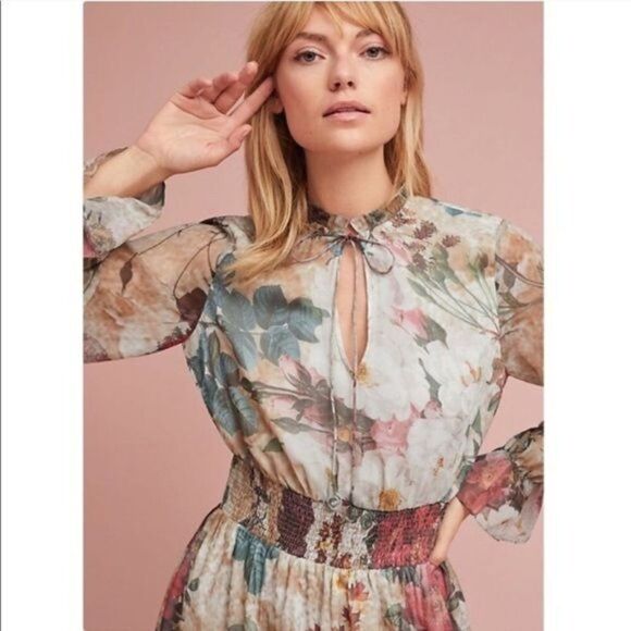 Hemant & Nandita Anthropologie Floral Smocked Waisted Long Sleeve Dress - Picture 3 of 13